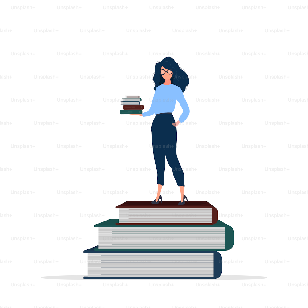 The girl is standing on the books. Isolated. Vector.