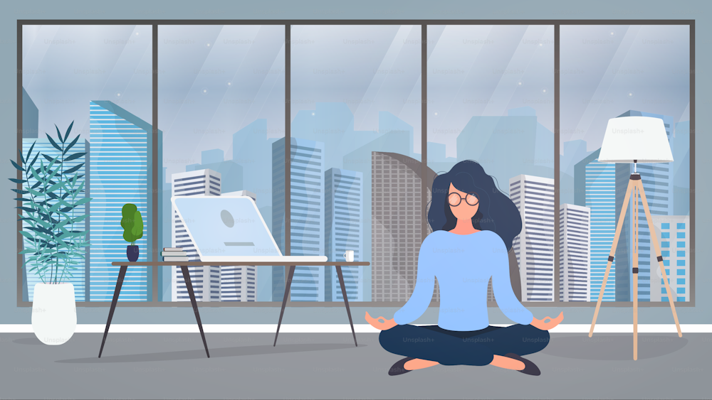 The girl is meditating in the office. The girl practices yoga. Room, office, floor lamp, room growth, table with laptop, workplace. Vector illustration