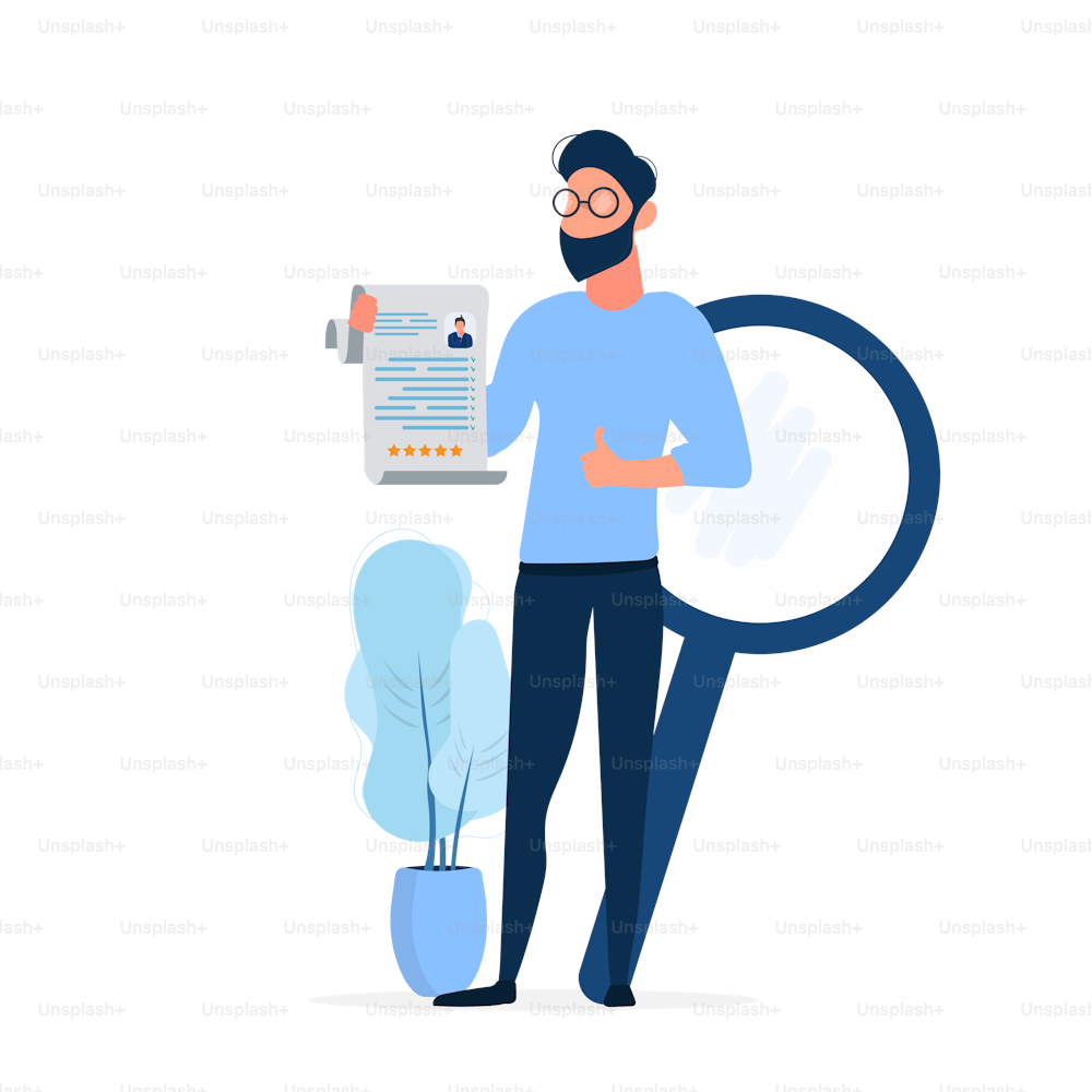 Stylish man with glasses. The guy holds a resume in his hands and shows the class. The concept of finding people to work. In isolation. Vector illustration