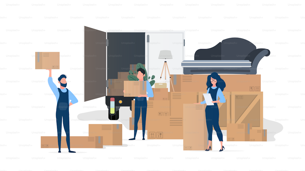 Shipping team. Movers with boxes. The girl with the list. Element for design on the theme of moving, transportation and delivery of goods. Isolated. Vector.