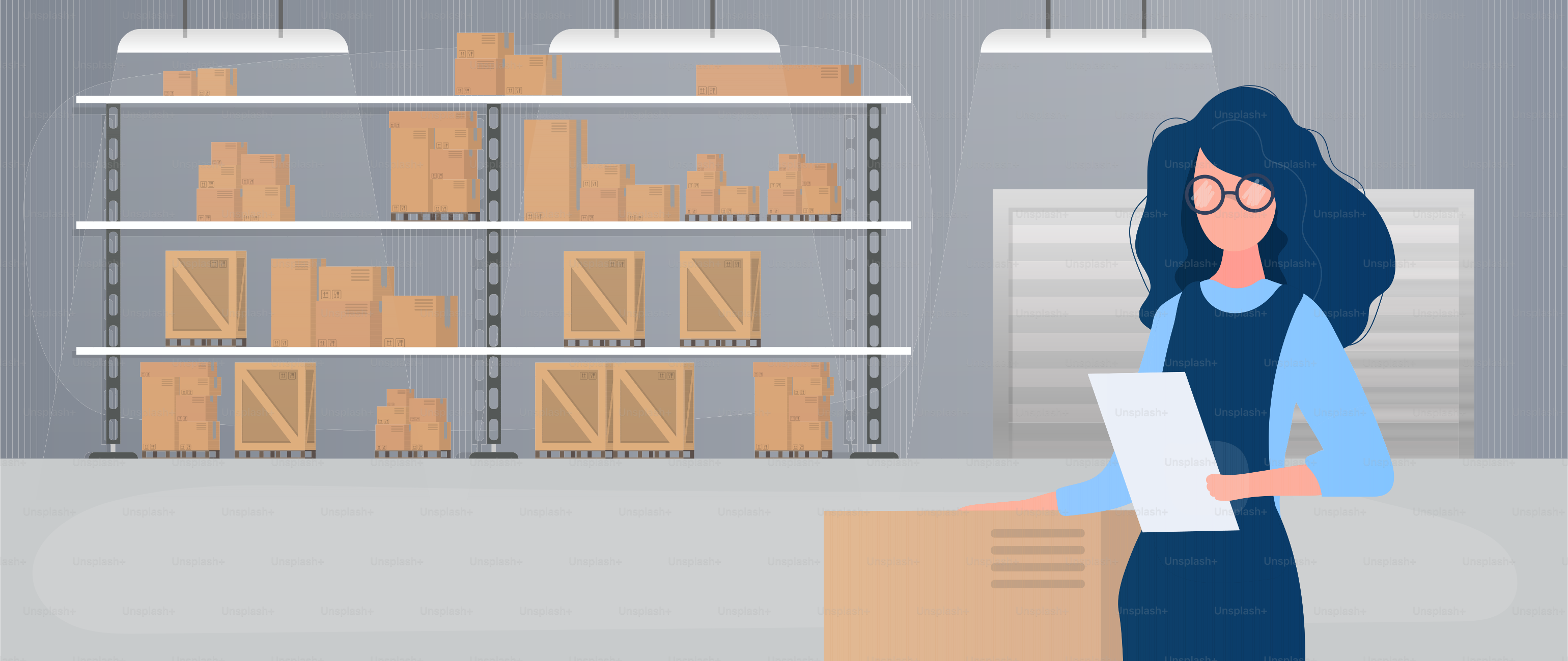 Large warehouse with drawers. Rack with drawers and boxes. A girl with a list of goods in her hands. A woman holds an invoice in her hand. Carton boxes. Vector.