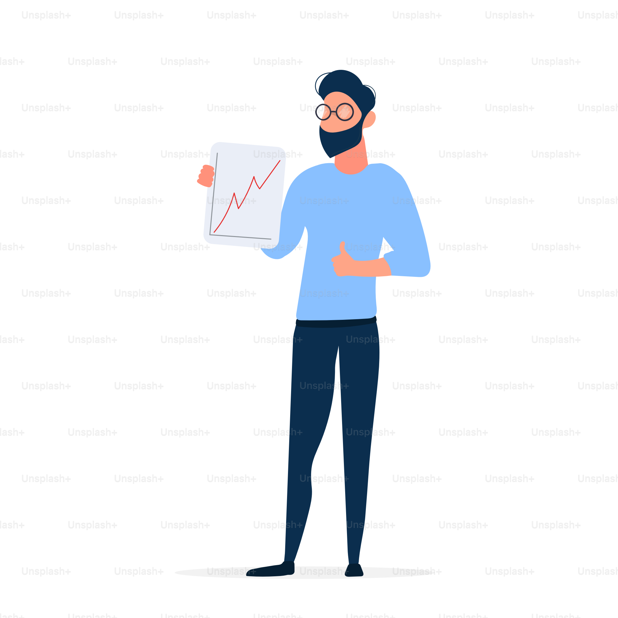 Homem elegante com óculos. O cara faz um relatório positivo e mostra a classe. Dinâmica de crescimento de um negócio, lucro, moeda ou ação. Isolado. Ilustração vetorial