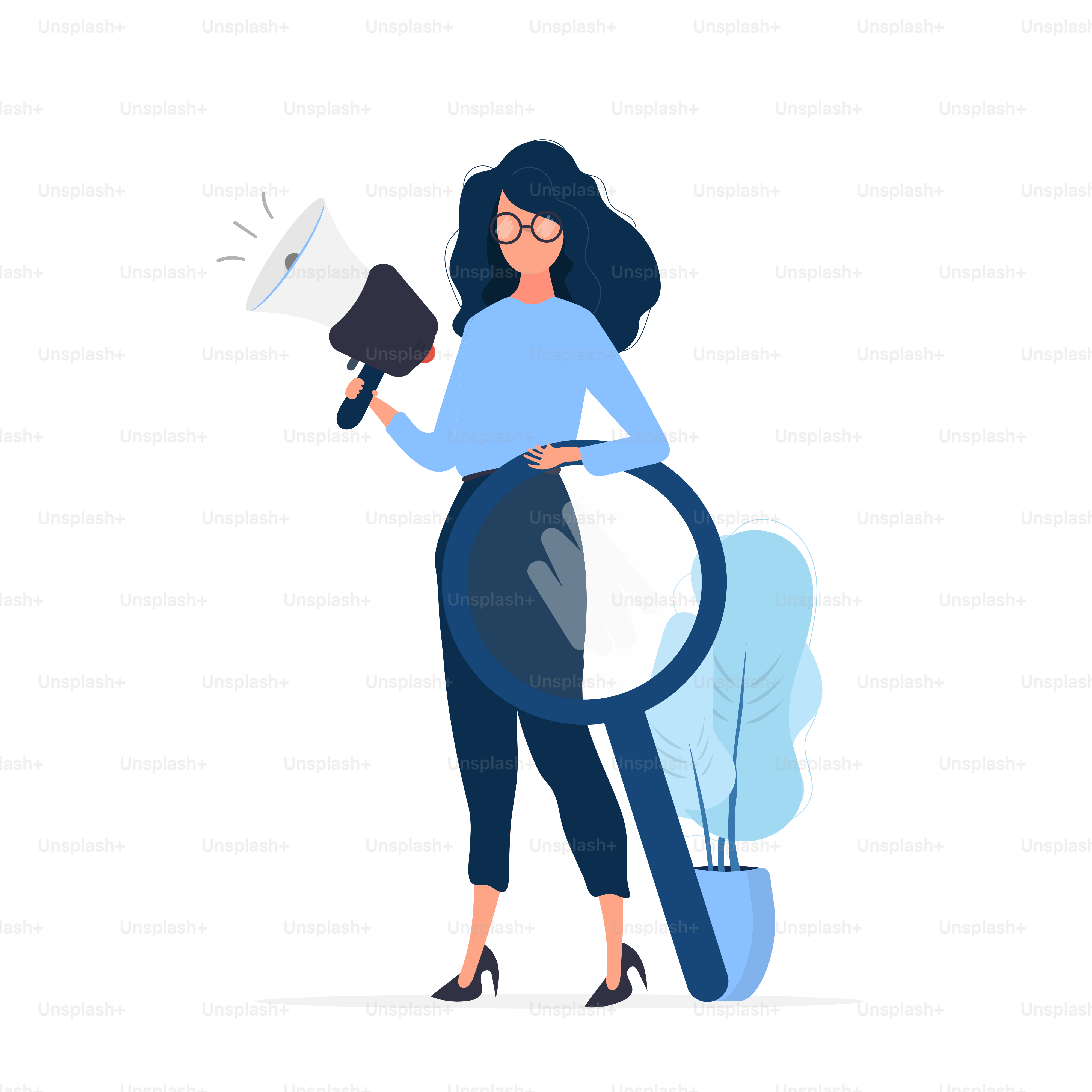 Chica con un grito y una lupa. El concepto de encontrar personas para trabajar. Aislado. Vector.
