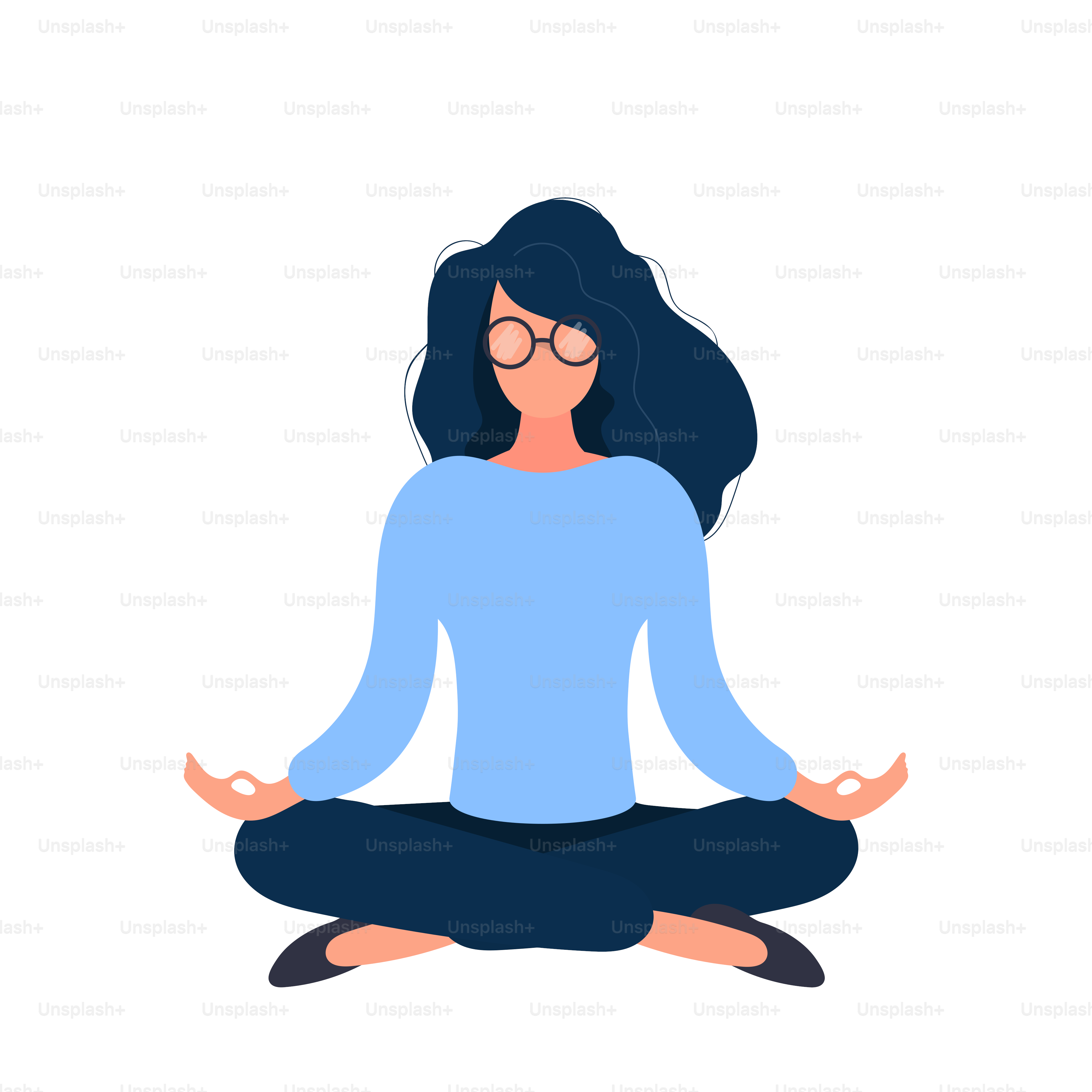The girl in glasses is meditating. Isolated. Vector.