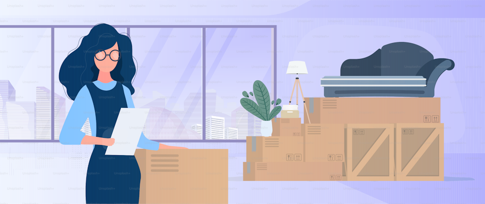 Moving home. Office relocation to a new location. The girl with the list. Wooden boxes, cardboard boxes, sofa, houseplant, floor lamp. Vector.