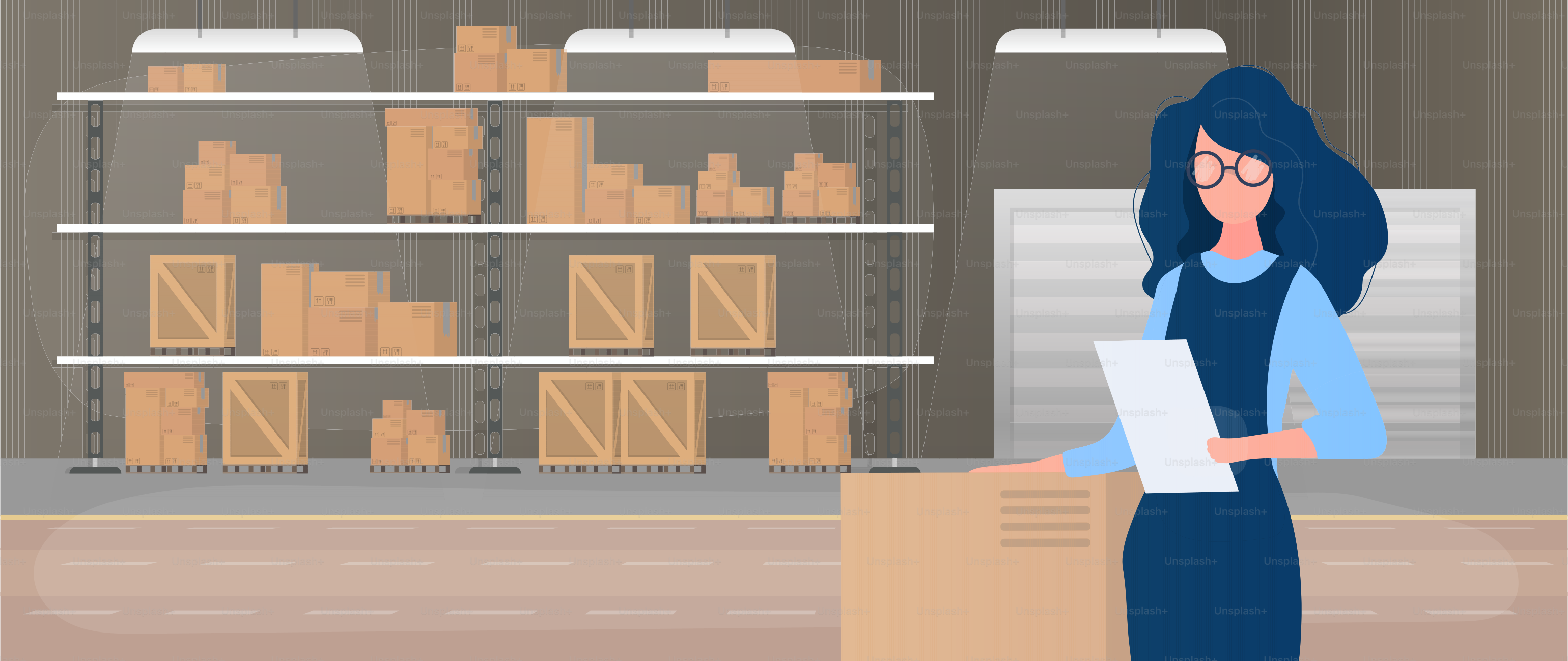 Large warehouse with drawers. Rack with drawers and boxes. A girl with a list of goods in her hands. A woman holds an invoice in her hand. Carton boxes. Vector.