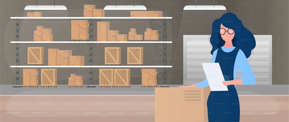 Large warehouse with drawers. Rack with drawers and boxes. A girl with a list of goods in her hands. A woman holds an invoice in her hand. Carton boxes. Vector.