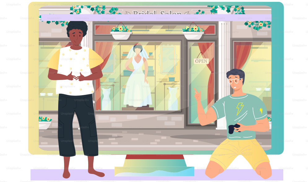 Wedding dress shop, woman bride daily life. Two guys playing family life simulator game sitting near monitor with bridal salon storefront. Mannequin in elegant bridal clothes collection at showcase