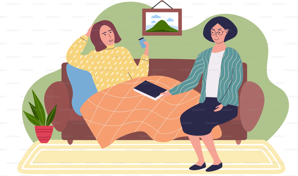 Woman helping patient to treat. Self care and treatment concept. Girl wrapped in blanket takes pills. Female character is sitting with a jar of medicine in her hands. Person is holding notepad