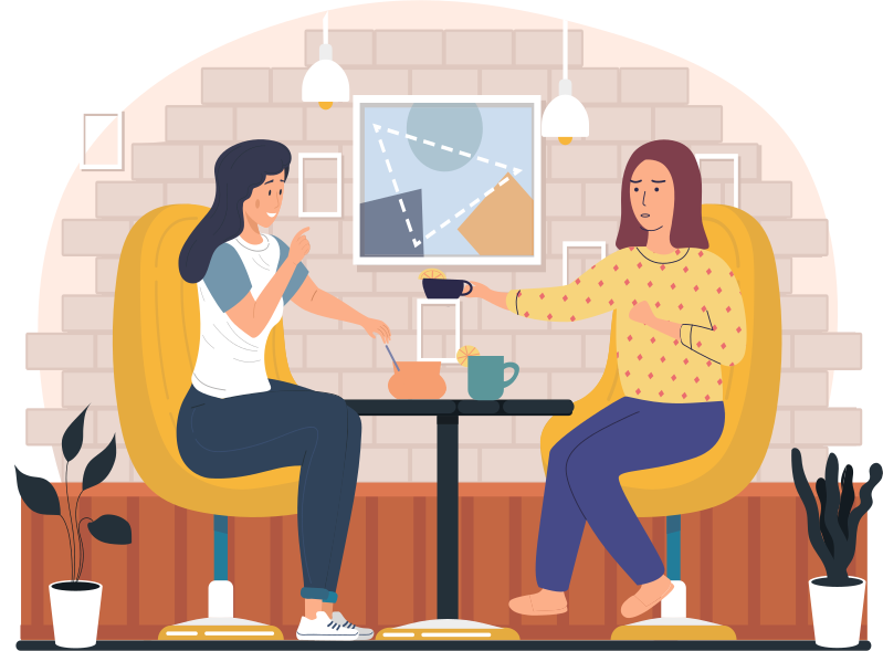 Frauen, die Tee trinken. Mädchen verbringen Zeit im Freien. Freundinnen sitzen im Café, kommunizieren und trinken heiße Getränke. Freundinnen tratschen zusammen im Restaurant. Die Leute sitzen mit Zitronentee auf dem Tisch