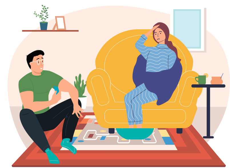 Sick girl take medication on self-isolation. Female character wrapped in plaid warms feet in hot water. Prevention of spread of cold. Man holding piece of paper in hand and communicates with woman