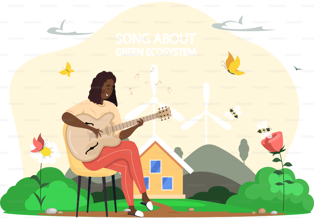 여자는 마을을 배경으로 기타를 연주한다. 녹색 생태계에 대한 노래를 부르는 소녀, 사람은 자연 속에서 쉬고 있다. 지구의 환경을 돌봅니다. 대체 에너지와 전기로 구동되는 도시