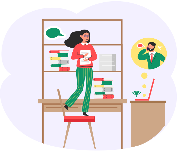 Video conferencing application. Woman with laptop in office communicates via video connection with colleagues using mobile app. Partners conduct business conversation at distance, remote work