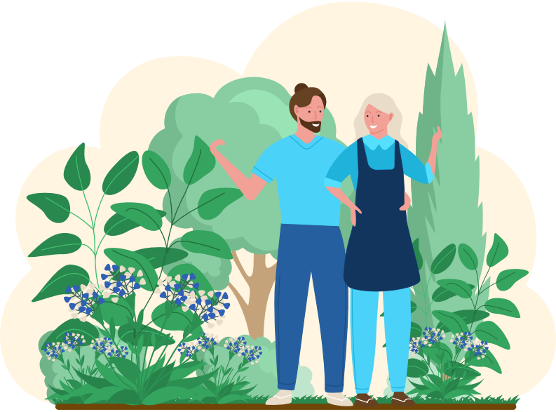 Pessoas jardineiro e agricultor trabalham no jardim. Casal de jardinagem, mulher e homem agricultores trabalhadores agrícolas que cultivam plantas e flores no gramado ou quintal. Agricultura, horta orgânica, hobby de jardinagem