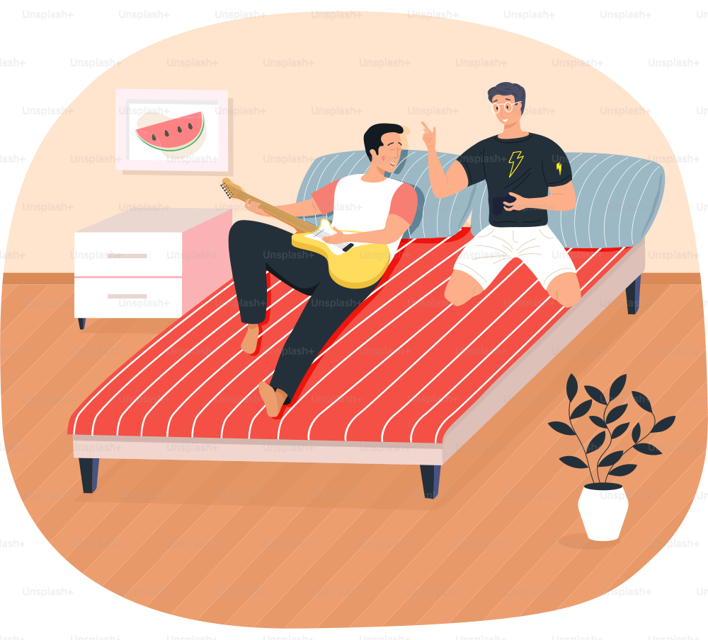 People at home enjoying time with guitar. Guy playing musical instrument. Men are lying on couch and singing song together. Male character creates music. Musician plays strings on instrument