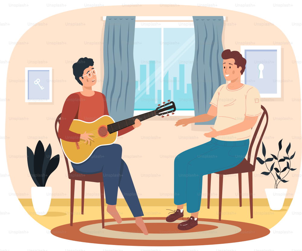 Man sings song to his friend. People at home enjoying time with guitar. Guy playing musical instrument. Male character creates music. Musician plays strings on instrument. Men rest together
