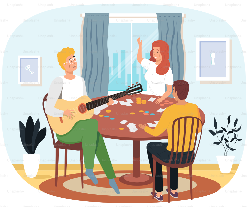Couple playing board game. Guy playing guitar and perform. Friends are having fun at home. Entertainment and pastime in apartment. Musician uses strings on instrument. Woman raising her hand