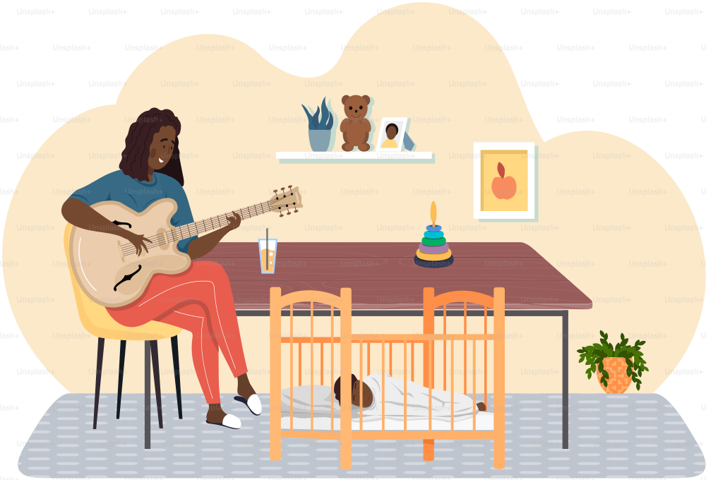 Woman playing guitar. Mom singing lullaby to baby at night and helps him to sleep. Musician creates music. Mother playing strings on instrument. Family rest together at home. Guitarist makes melody