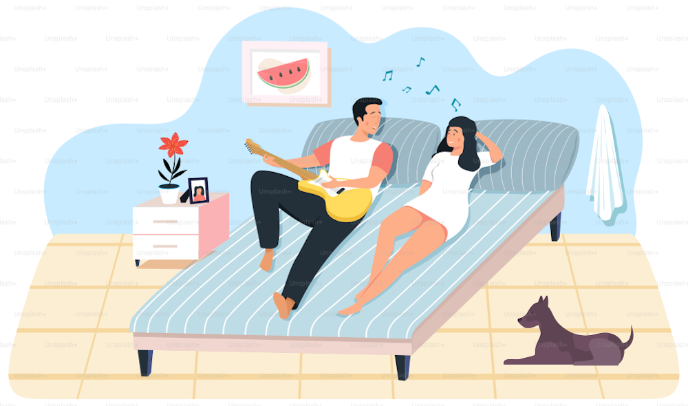 Man playing musical instrument. Cartoon character creates music. Musician playing strings on instrument. Guy sings with guitar for girlfriend. Woman listens to her man. Owners of dog resting at home