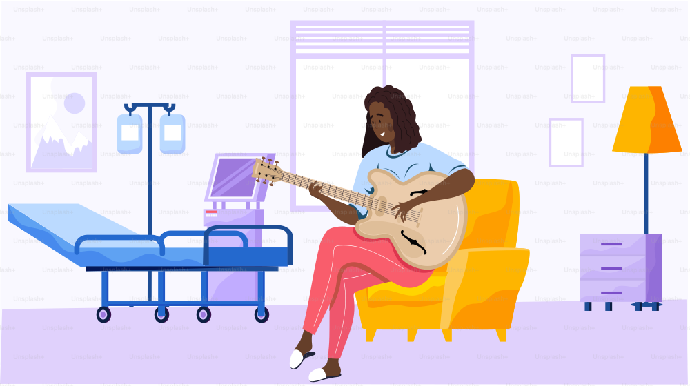 Woman sings song. Girl sits in hospital ward with guitar. Person creates music. Female character uses guitar. Musician plays strings on instrument in medical institution. Guitarist making melody