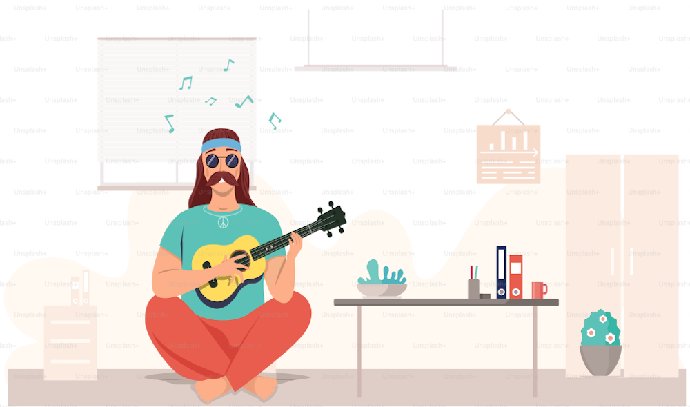 Male hipster bard with ukulele in hands. Musician is playing strings on instrument. Person creates music. Man with musical instrument. Guitarist playing guitar in living room