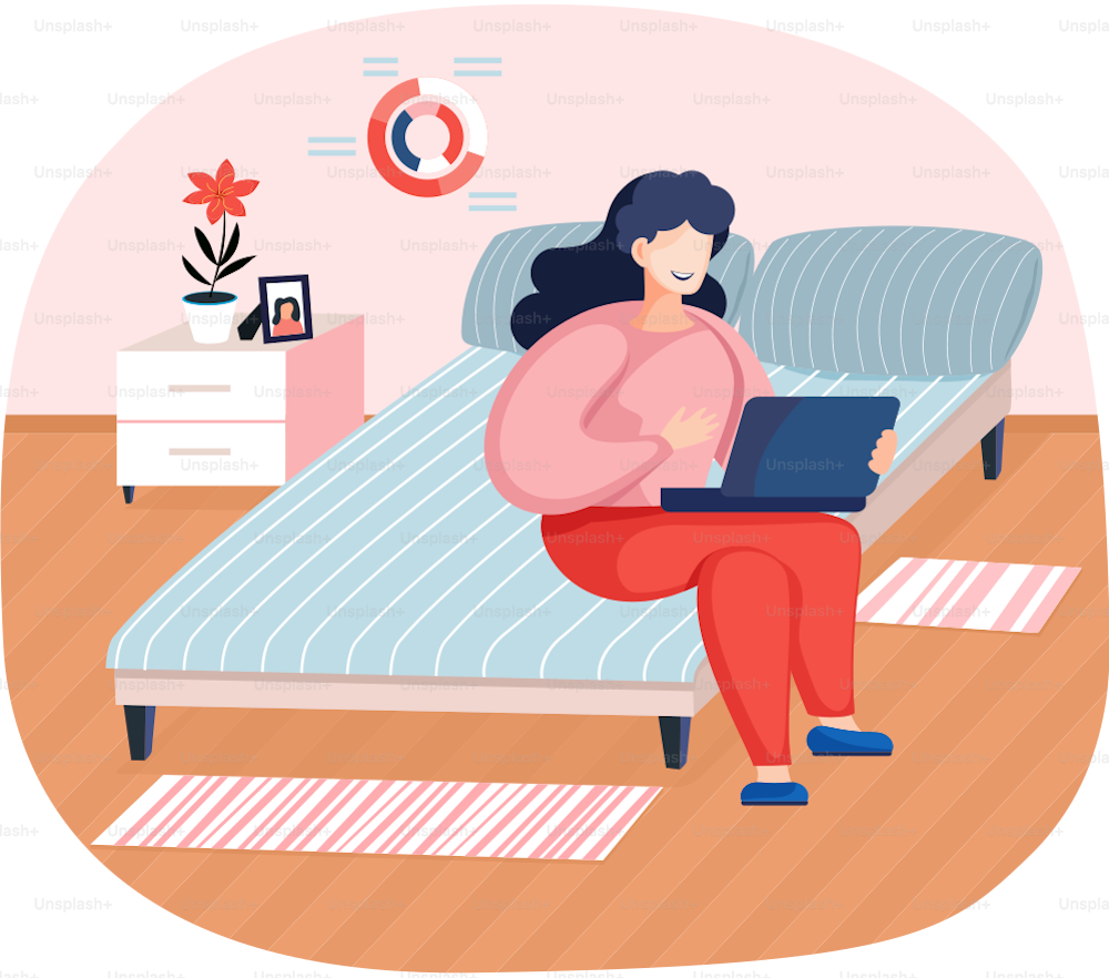 Data analysis landing page template with young woman with laptop sitting on bed in bedroom working in internet at home. Girl freelancer enterpreneur performs work or studying on computer remotely
