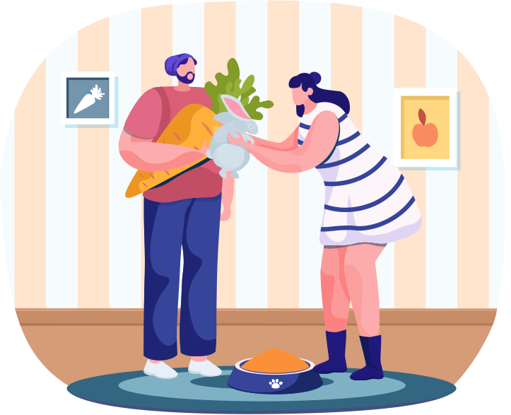 Pria dan wanita memberi makan kelinci peliharaan domestik dengan wortel. Pasangan keluarga bahagia dengan makanan untuk kelinci. Sekelompok orang yang jatuh cinta memberikan sayuran kepada kelinci. Kelinci duduk di tangan karakter laki-laki