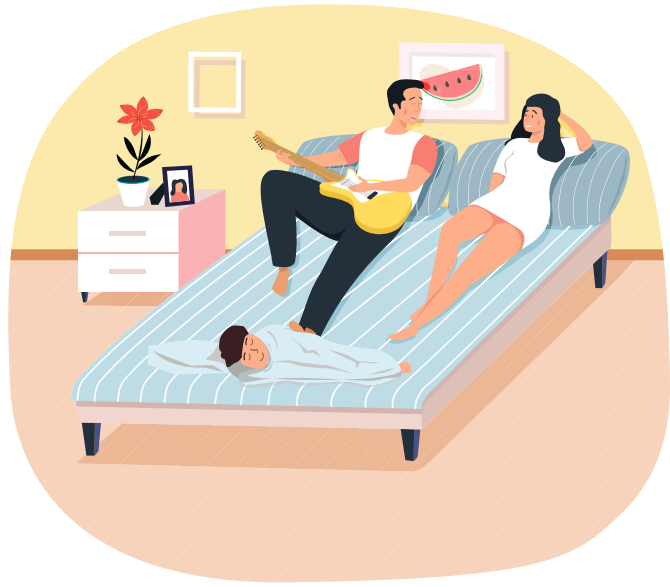 Couple playing musical. Character creates music. Musician playing strings on instrument. Guy sings with guitar for girlfriend. Woman listens to her man. Family resting at home. Husband sing to wife