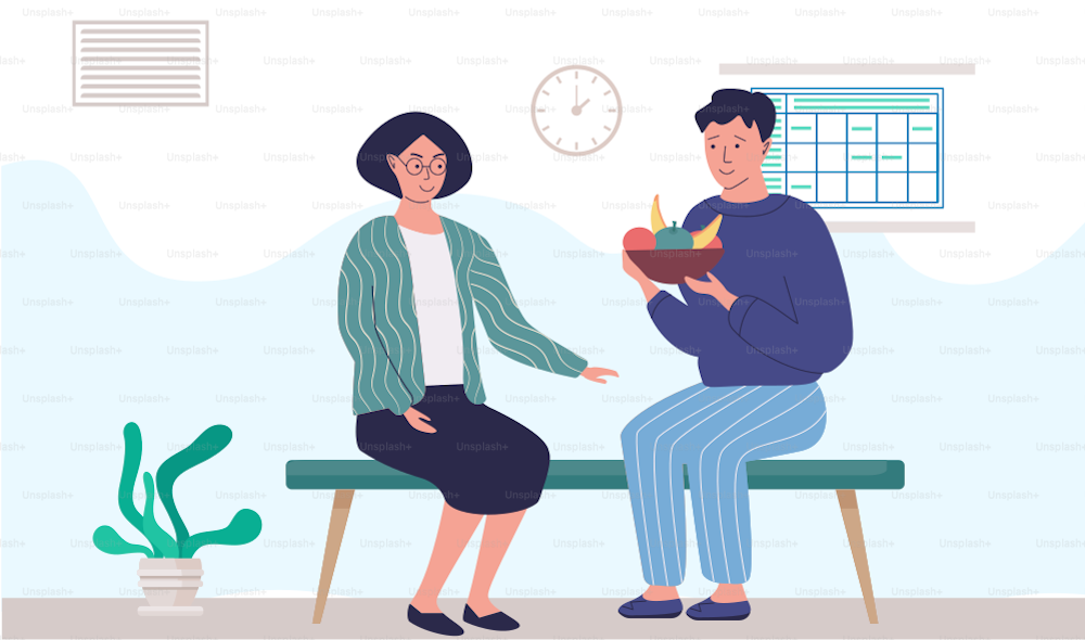 Couple eating healthy food. Man and woman having lunch, dinner or breakfast. Nutrition and diet infographics. Slim people at home or hospital. People sitting on bench holding plate with fruits