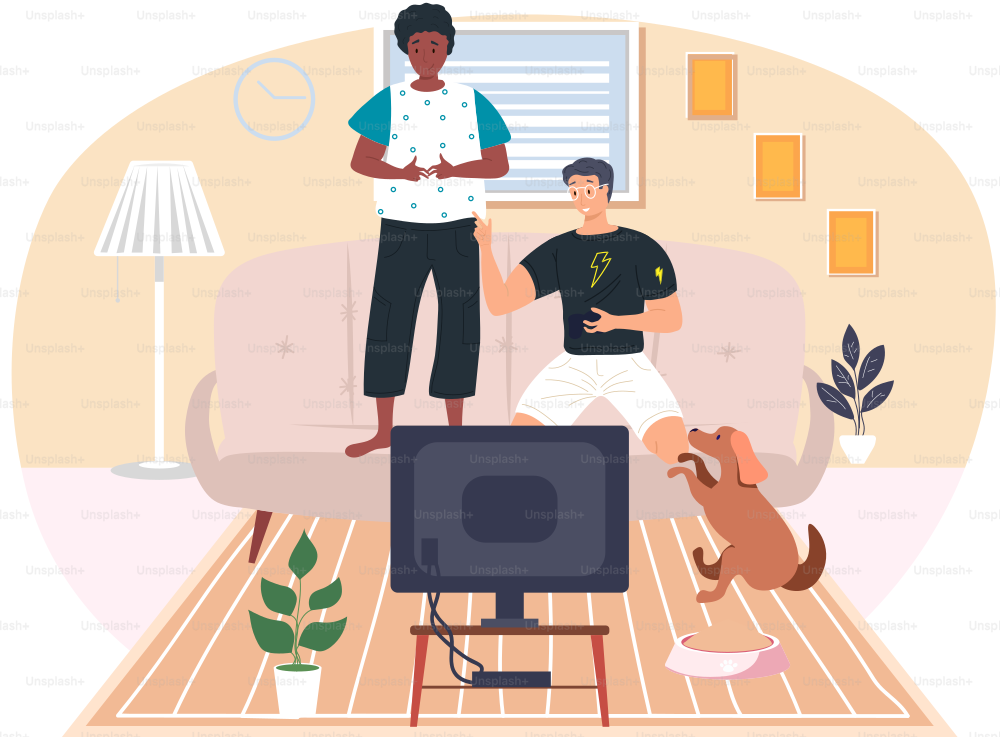 Guys friends play video games. Young men gaming with gamepad controller, holding joystick in hands flat vector illustration. Man sitting on the sofa in livigroom interior and playing a computer game