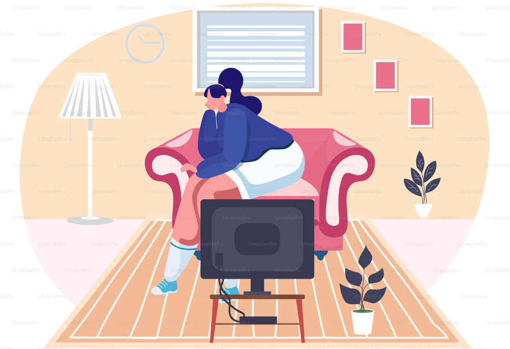 Woman sitting on couch watching TV vector illustration. Young adult girl on sofa in front of television screen. Female character resting and spending time at home. Girl is bored in her apartment