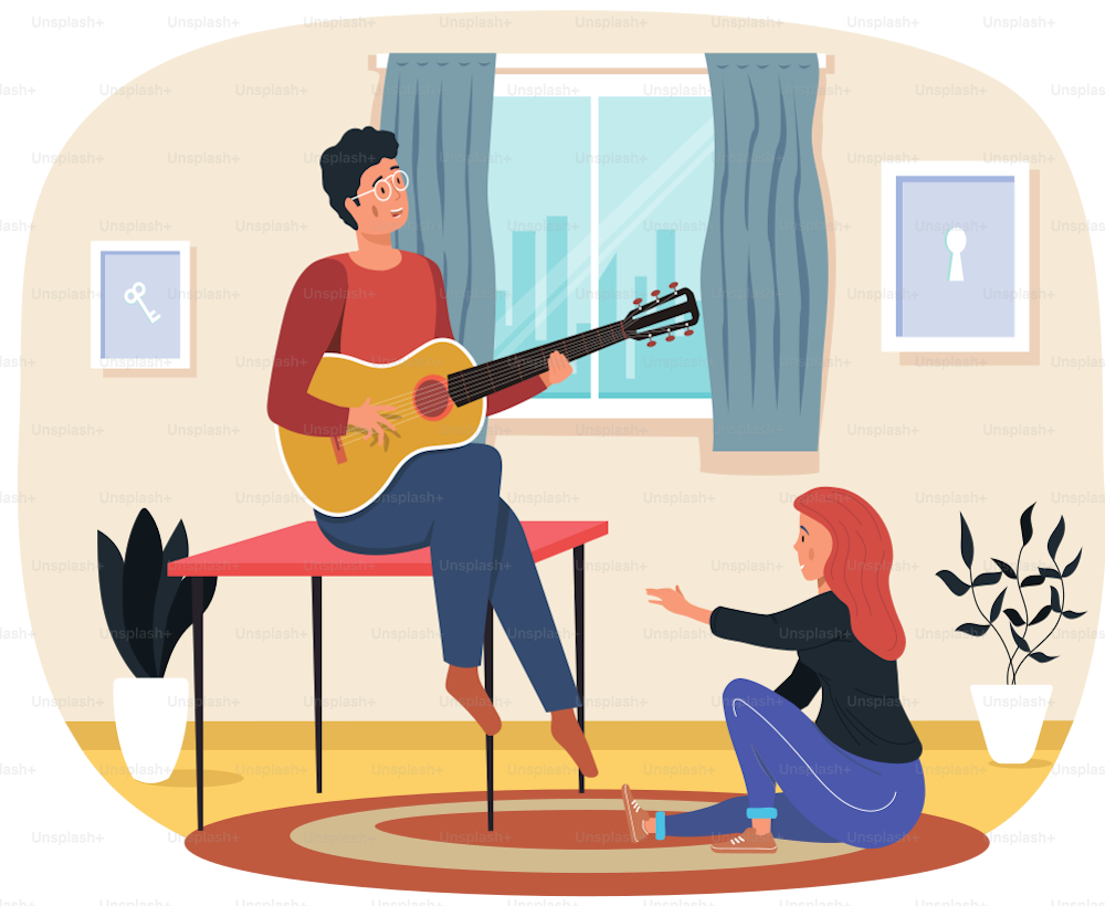 Man sings song to girlfriend. Couple in relationship at home enjoying time with guitar. Guy plays musical instrument. Male character creates music for girl. Musician plays strings on instrument