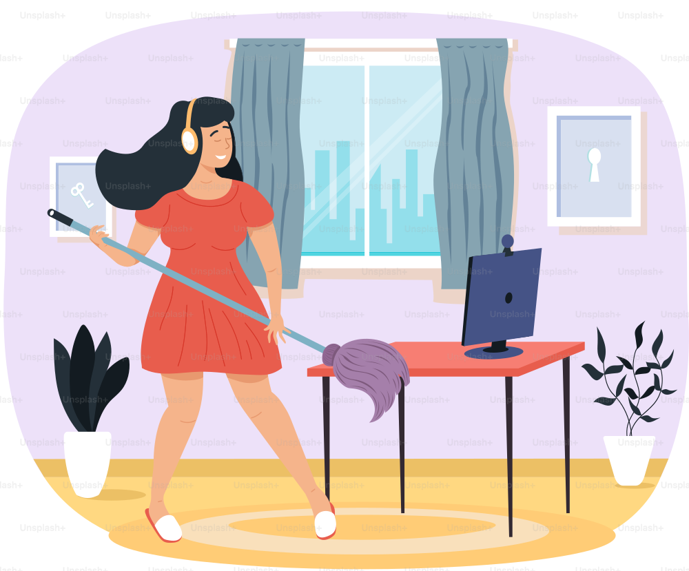 Girl with headphones washes floor. Woman plays mop like guitar. Person creates music. Female character performs songs while cleaning. Musician sings and imagines guitar in room vector illustration