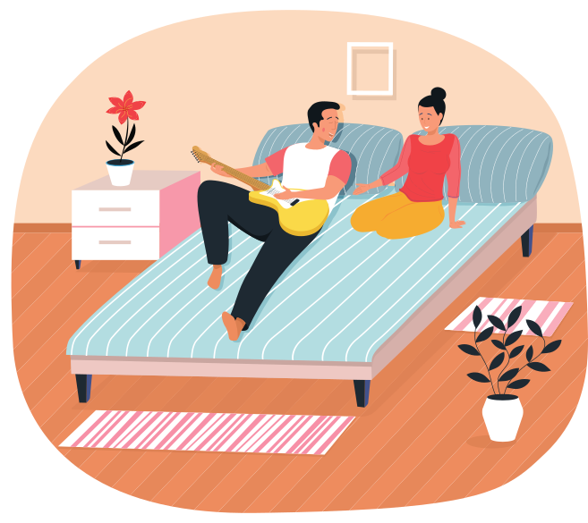 Couple playing musical. Character creates music. Musician playing strings on instrument. Guy sings with guitar for girlfriend. Woman listens to her man. Family resting at home. Husband sing to wife