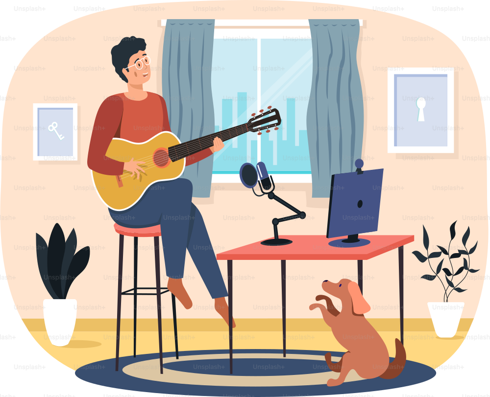 Guitar practice man playing and practicing instrument sitting on chair sings song records sound with microphone. Guitar lesson, school and home learning. Dog listening to music sitting next to owner