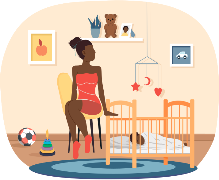 Afro american woman puts to bed child in cradle. Healthy kid, happy family, maternity leave and glad motherhood. Mother spends time at home with her baby. Girl in red dress helps child to fall asleep