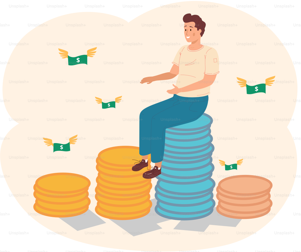 Happy businessman sitting on coins. Rich man on top of coin stack. Business success, financial profit and wealth vector illustration. Dollars fly around cartoon male character enjoy finance victory