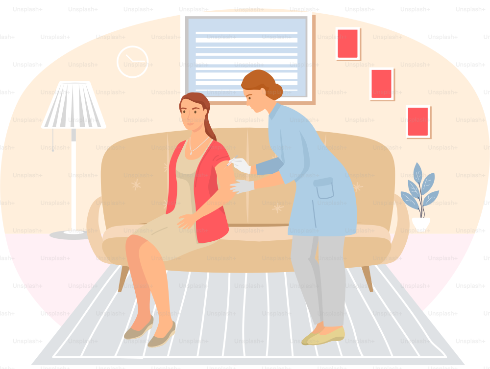 Doctor is making injection to patient in apartment. Disease treatment and vaccination. Healthy lifestyle concept. Nurse works with syringe and gives injection. Vaccination at home vector illustration