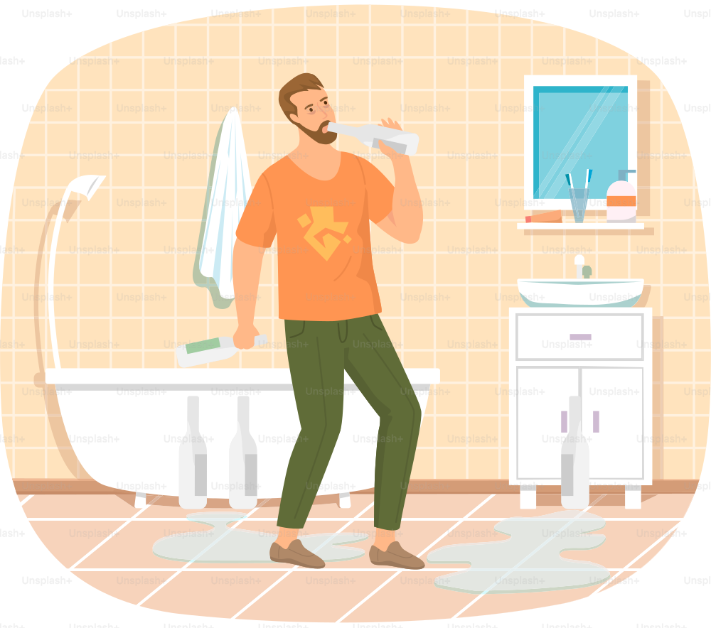 Guy drinks alcohol alone in bathroom. Addicted male character with alcohol beverage at home before shower. Unhealthy lifestyle concept. Drunk man with vodka in his apartment vector illustration