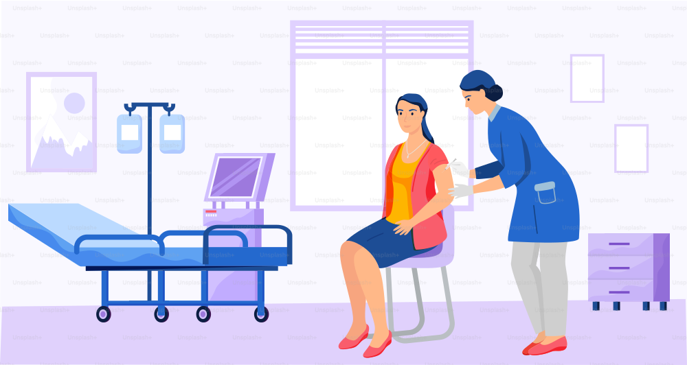 Doctor is making injection to patient in hospital ward. Disease treatment and vaccination. Healthy lifestyle concept. Nurse with syringe is giving injection. Vaccination to increase level of immunity