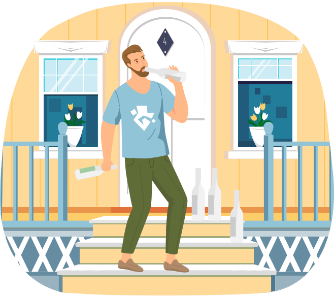 Un homme dépendant boit de l’alcool seul sur le pas de la porte de sa maison. Homme accro à la solitude déprimé avec une boisson alcoolisée à l’extérieur. Le niveau d’immunité diminue en raison de la consommation d’alcool. Concept de mode de vie malsain