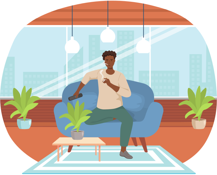 Man with TV remote is smoking cigarette in living room. Tobacco dependence. Unhealthy lifestyle and bad habits. Wrong way of life. Guy with cigarette is relaxing in apartment and watching television