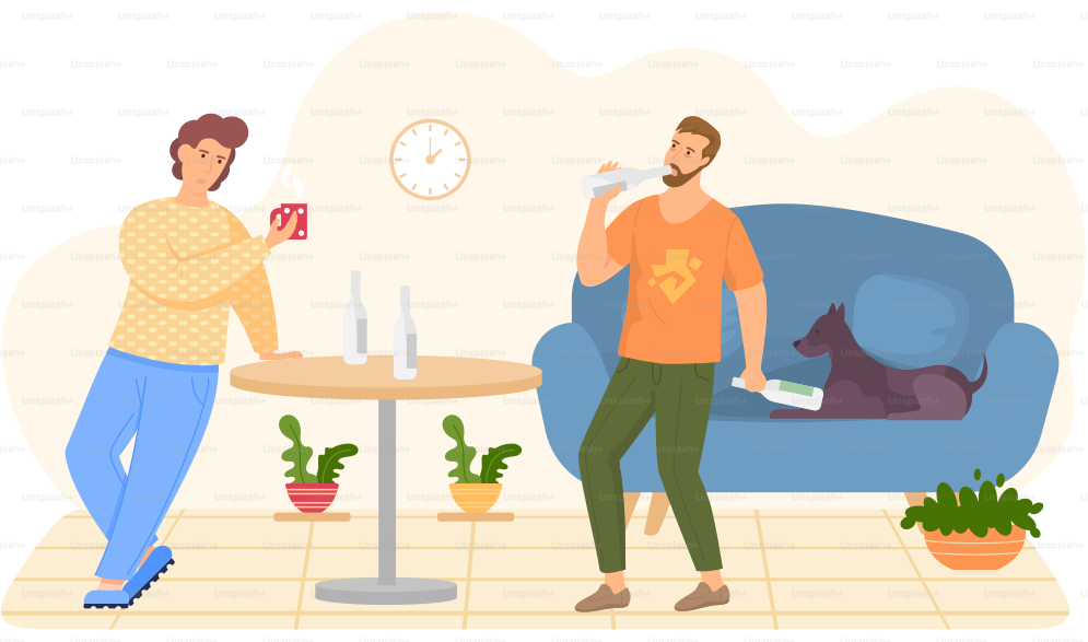 Male character drinks alcohol in apartment. Addicted person with alcohol beverage at home communicate with friend. Unhealthy lifestyle concept. Drunk man with vodka and guy with cup together