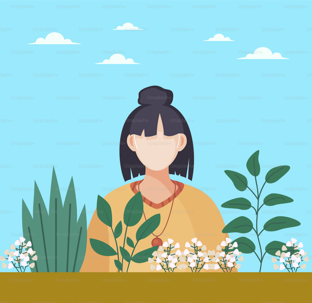 Home gardening woman standing next to flower pot outdoors, potted indoor plants. Eco concept. Woman planting flowers. Vector flat cartoon girl caring for plants. Greenhouse, female natural hobby