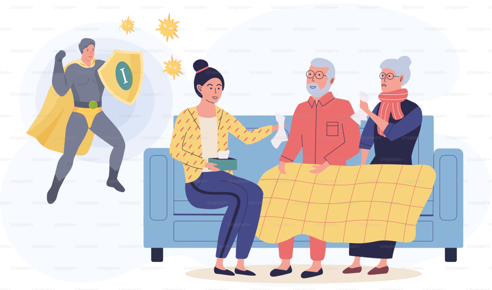 Menschen in Selbstisolation. Mann und Frau in Decken leiden unter laufender Nase. Behandlungs- und Gesundheitskonzept. Älteres Ehepaar zu Hause. Verwandte während der Quarantäne. Immunitätssteigerung während der Genesung