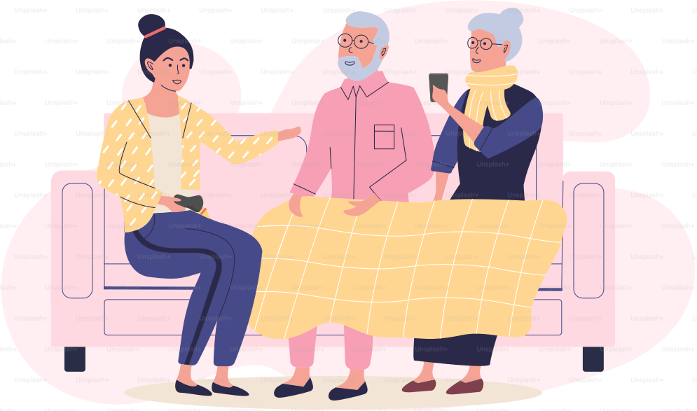 Les personnes âgées sur le canapé discutent avec les smartphones. Les  personnages de dessins animés se reposent et passent du temps ensemble à la  maison. Un vieux couple avec leur petite-fille communique, image size:3000x1769