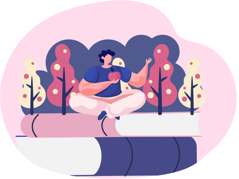 Male character is sitting on stack of books and eating big apple. Man with juicy summer fruit vector illustration. Sports guy in flat cartoon style. Person is waving his hand as pointing on something