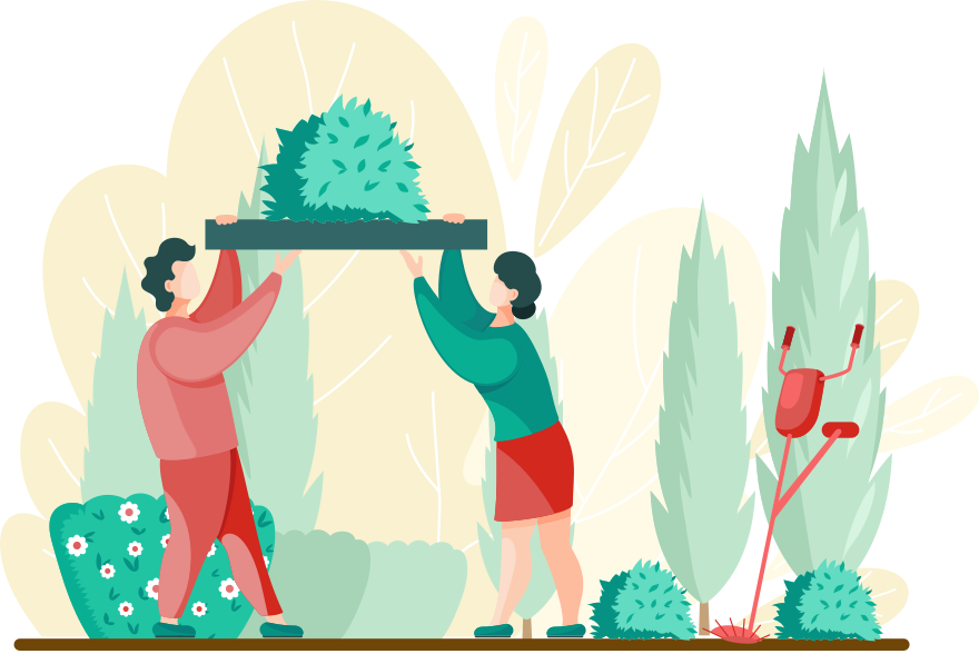 People gardener and farmer work in garden. Couple gardening, woman and man farmers agricultural workers growing plants and flowers on lawn or backyard. Horticulture, organic garden, gardening hobby