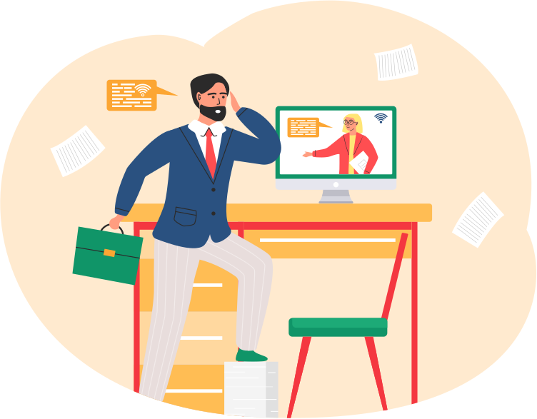 Online meeting via group call. Man talking to colleague in video conference standing near computer at table in office or home. Modern methods of communication at distance virtual chatting via internet