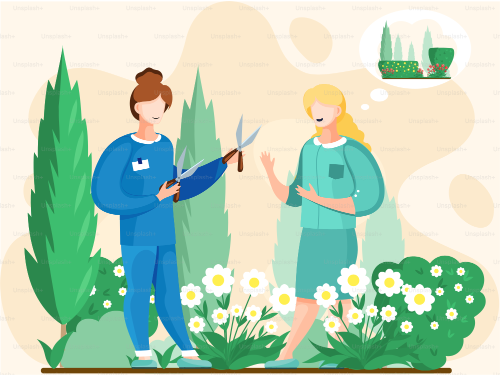 Zwei Frauen mit Schere schneiden Blumen im Blumenbeet für Blumenstrauß, Gärtner, die im Garten arbeiten, Pflanzen und Blumen anbauen. Landwirtschaft Bio-Gartenbearbeitung und Landwirtschaft, Pflanzenpflege, Gartenhobby